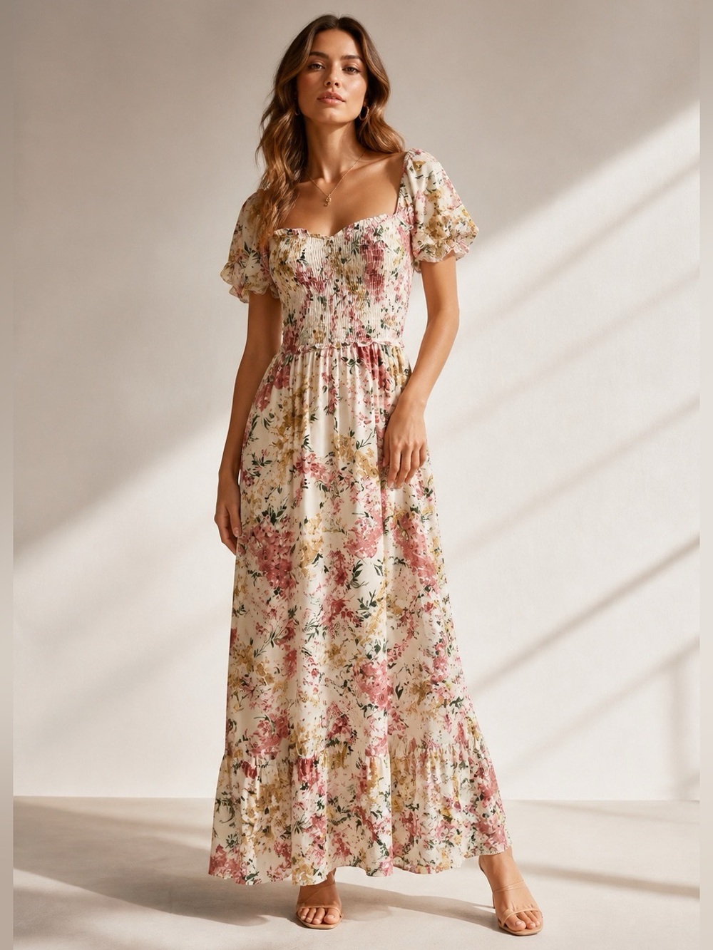 Lulu's Cream Smocked Maxi Dress with Pink & Yellow Floral Print